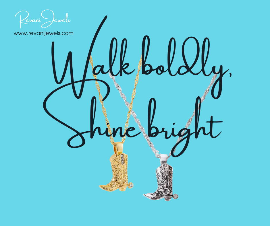 Two cowboy boot necklaces on a blue background with 'Walk boldly, Shine bright' text and Revani Jewels branding.
