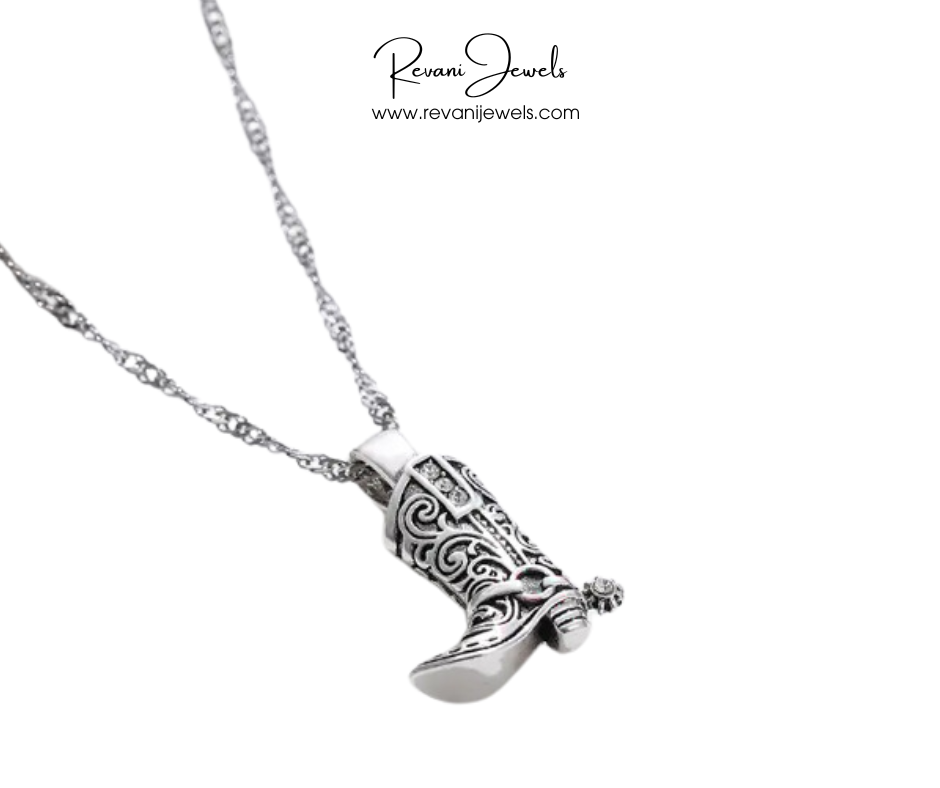 Silver boot-shaped pendant necklace on a white background with 'Revani Jewels' branding.