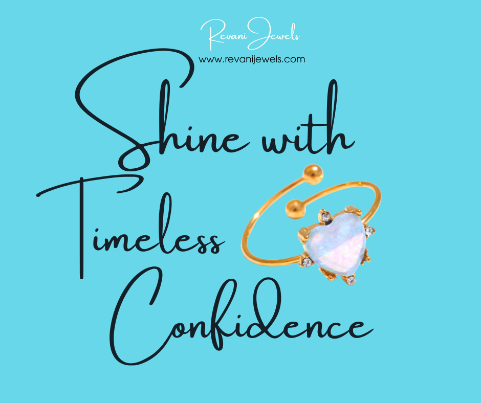 Gold ring with heart-shaped gem on a blue background with text 'Shine with Timeless Confidence' and Revani Jewels logo.