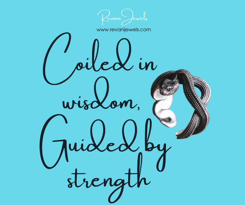 Jewelry advertisement with snake-shaped earring on a blue background, featuring text and brand name.