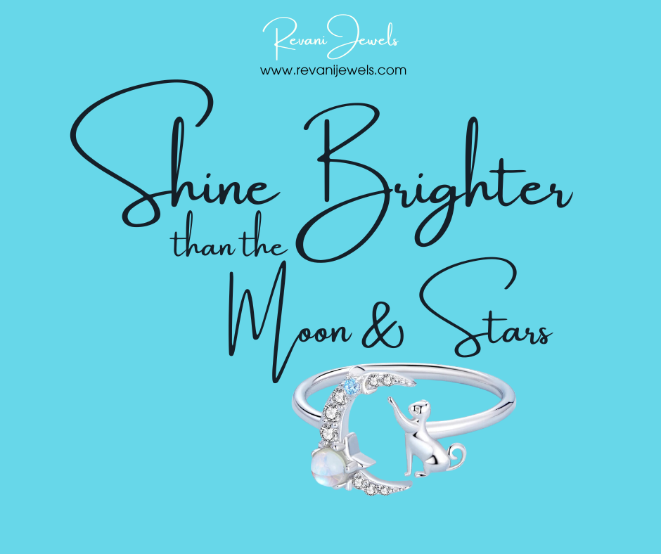 Silver ring with moon and star design on a blue background with text 'Shine Brighter than the Moon & Stars' and brand name 'Revan Jewels'.