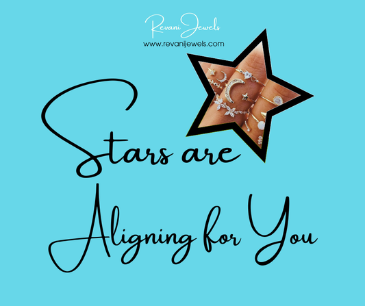 Star-shaped jewelry on a blue background with 'Stars are Aligning for You' text and Revani Jewels branding.