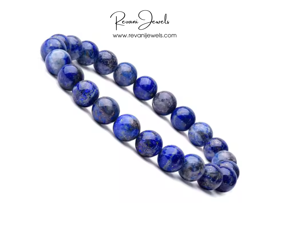 Blue beaded bracelet on a white background with 'Revani Jewels' branding.