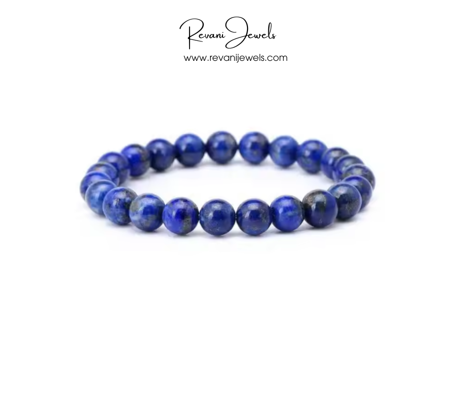 Blue beaded bracelet on a white background with 'Revani Jewels' branding.