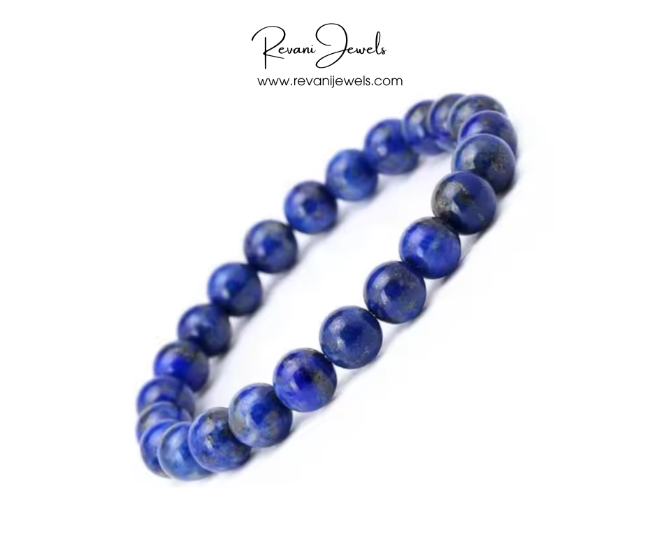 Blue beaded bracelet on a white background with 'Revani Jewels' branding.