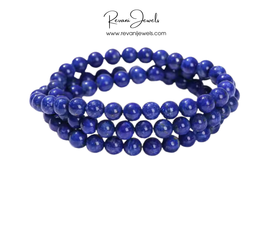 Blue beaded bracelet on a white background with 'Revani Jewels' branding.