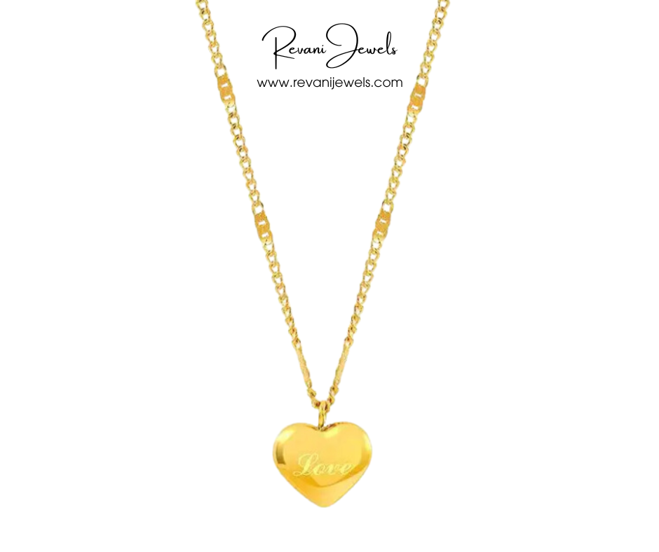 Gold necklace with a heart-shaped pendant displaying the word 'love' on a white background, branded as Revani Jewels.