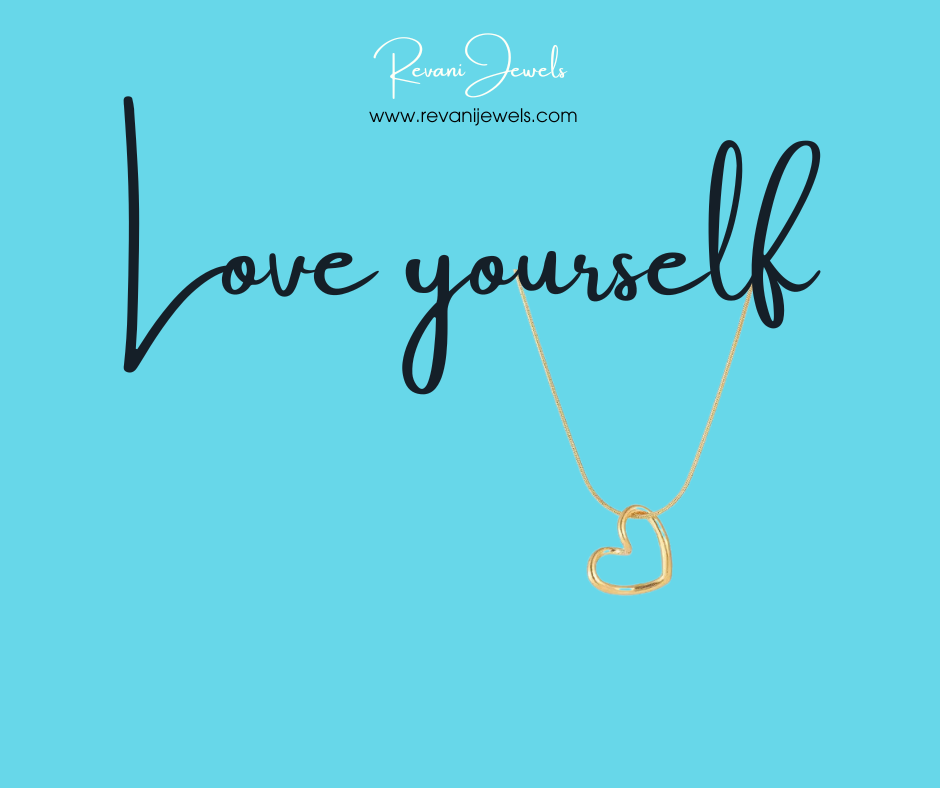 Gold heart-shaped necklace on a blue background with 'Love yourself' text and Revani Jewels branding.
