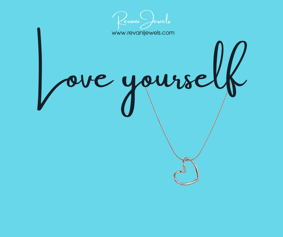 Heart-shaped necklace on a blue background with 'Love yourself' text and Revani Jewels branding.