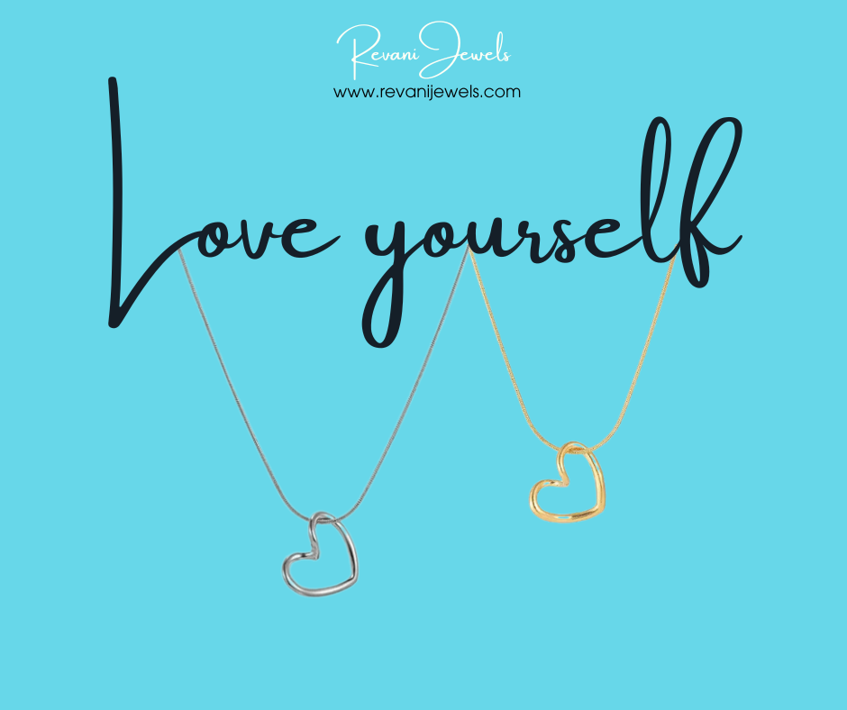 Heart-shaped necklace on a blue background with 'Love yourself' text and Revani Jewels branding.