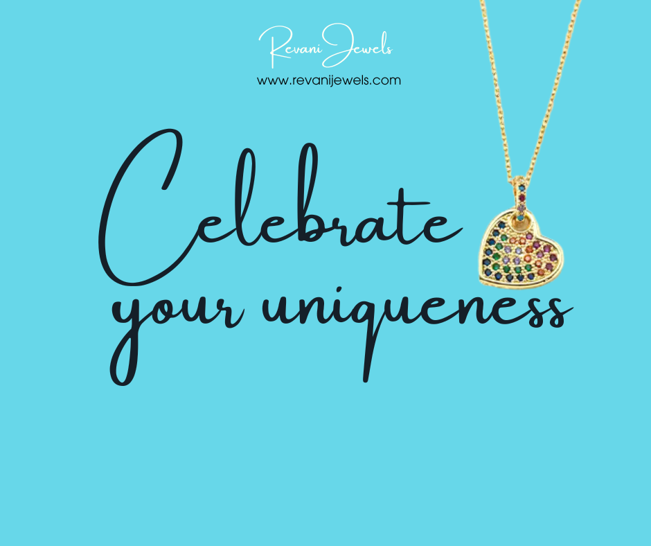 Heart-shaped pendant necklace with colorful stones on a blue background, featuring the text 'Celebrate your uniqueness' and 'Revani Jewels' logo.