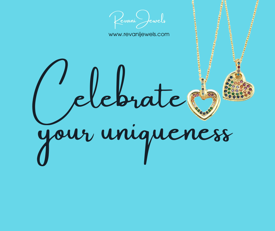 Heart-shaped jewelry with colorful stones on a blue background with 'Revani Jewels' branding.