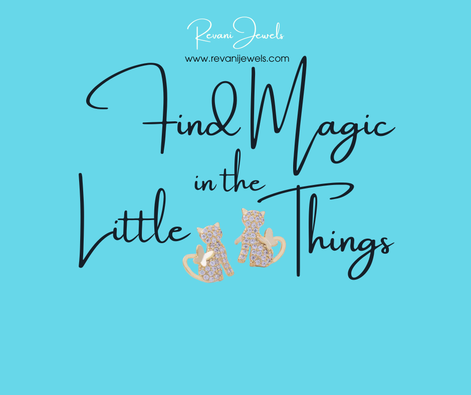 Jewelry advertisement with 'Find Magic in the Little Things' quote and two sparkling earrings on a blue background.