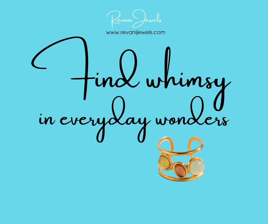 Gold ring with colorful stones on a blue background with text 'Find whimsy in everyday wonders' and brand name 'Revani Jewels'.